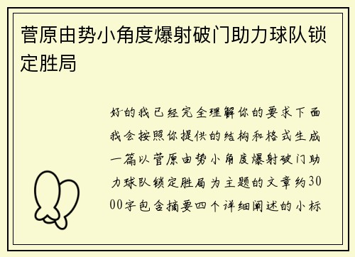 菅原由势小角度爆射破门助力球队锁定胜局 菅原由势小角度爆射破门助力球队锁定胜局