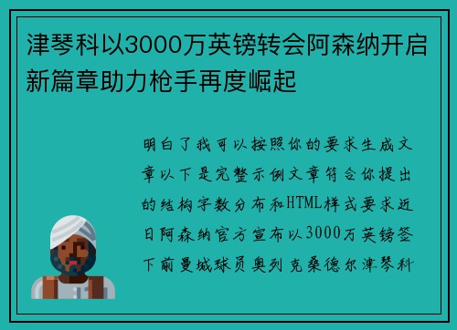 津琴科以3000万英镑转会阿森纳开启新篇章助力枪手再度崛起