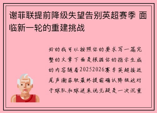 谢菲联提前降级失望告别英超赛季 面临新一轮的重建挑战